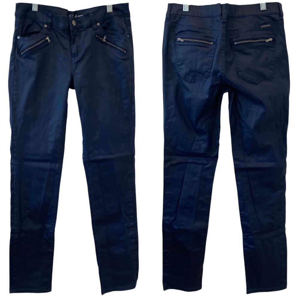 NY&C Blue Shimmer Skinny Moto Inspired Jeans Size 6 Faux Leather Vegan